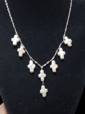 Vintage White Pearl Cross Charm Necklace